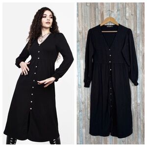Disturbia 10 Dollsome Button Front Jersey Knit Midi Jumper Dress V Neck Black